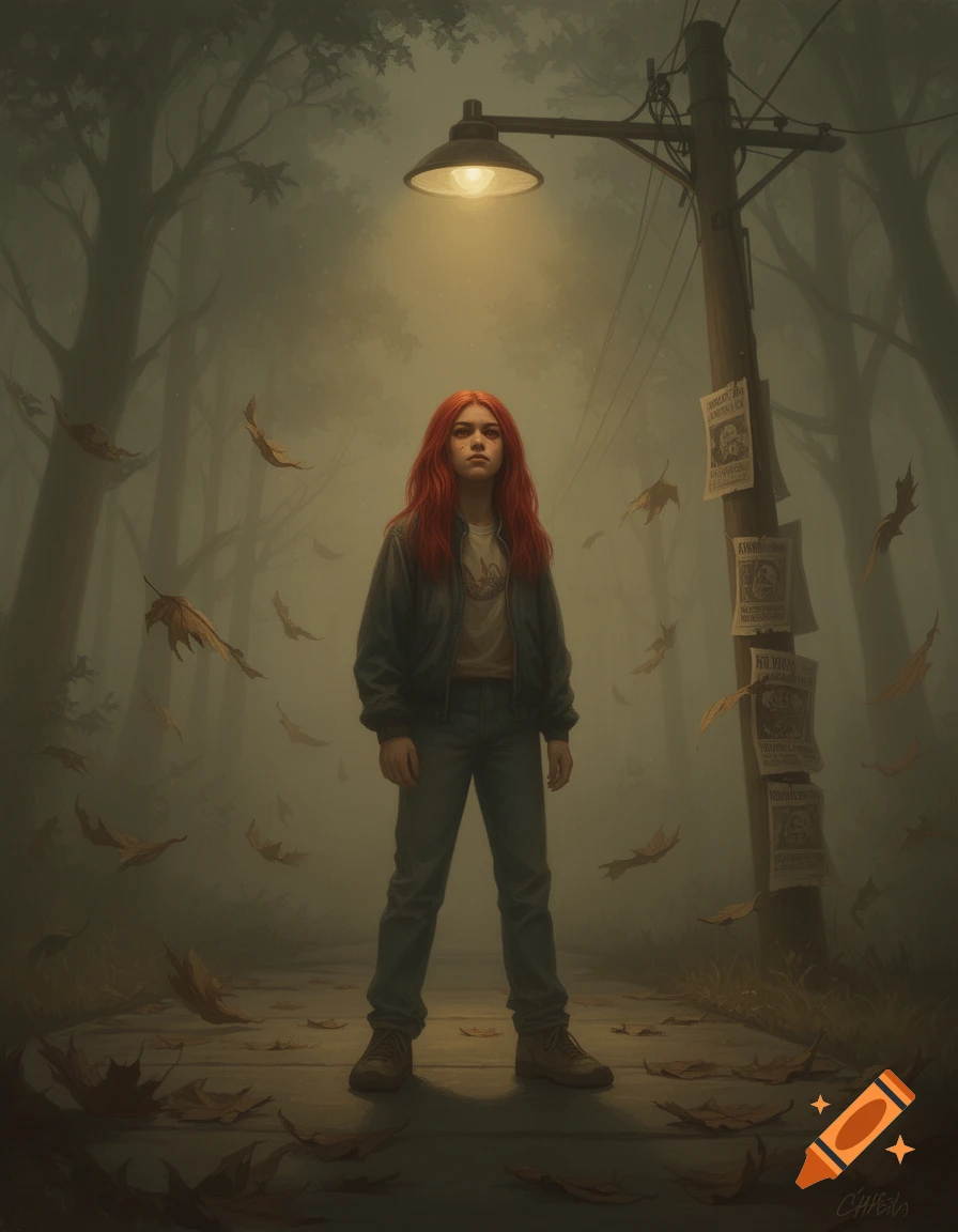 A red-haired person stands under a glowing street lamp in a foggy forest, with autumn leaves falling and posters on a utility pole. Stylized digital art.