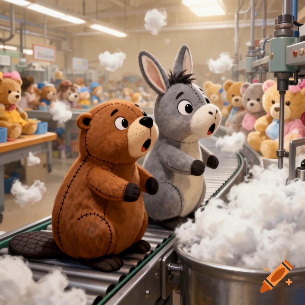 Two surprised plush toys, a beaver and a donkey, on a conveyor belt in a toy factory as stuffing flies around them.