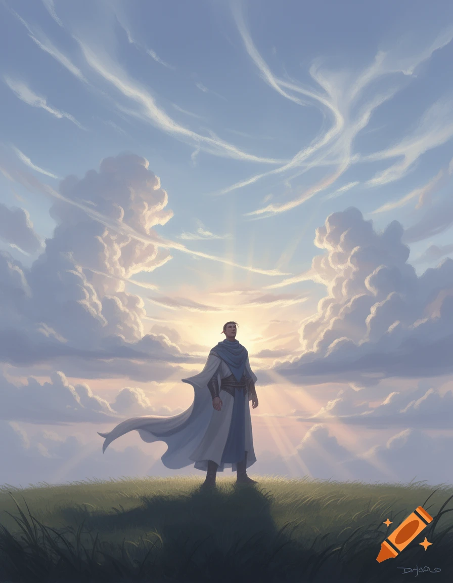 A robed figure stands on a grassy hill, gazing at a dramatic sky filled with light-streaked clouds, digital painting.