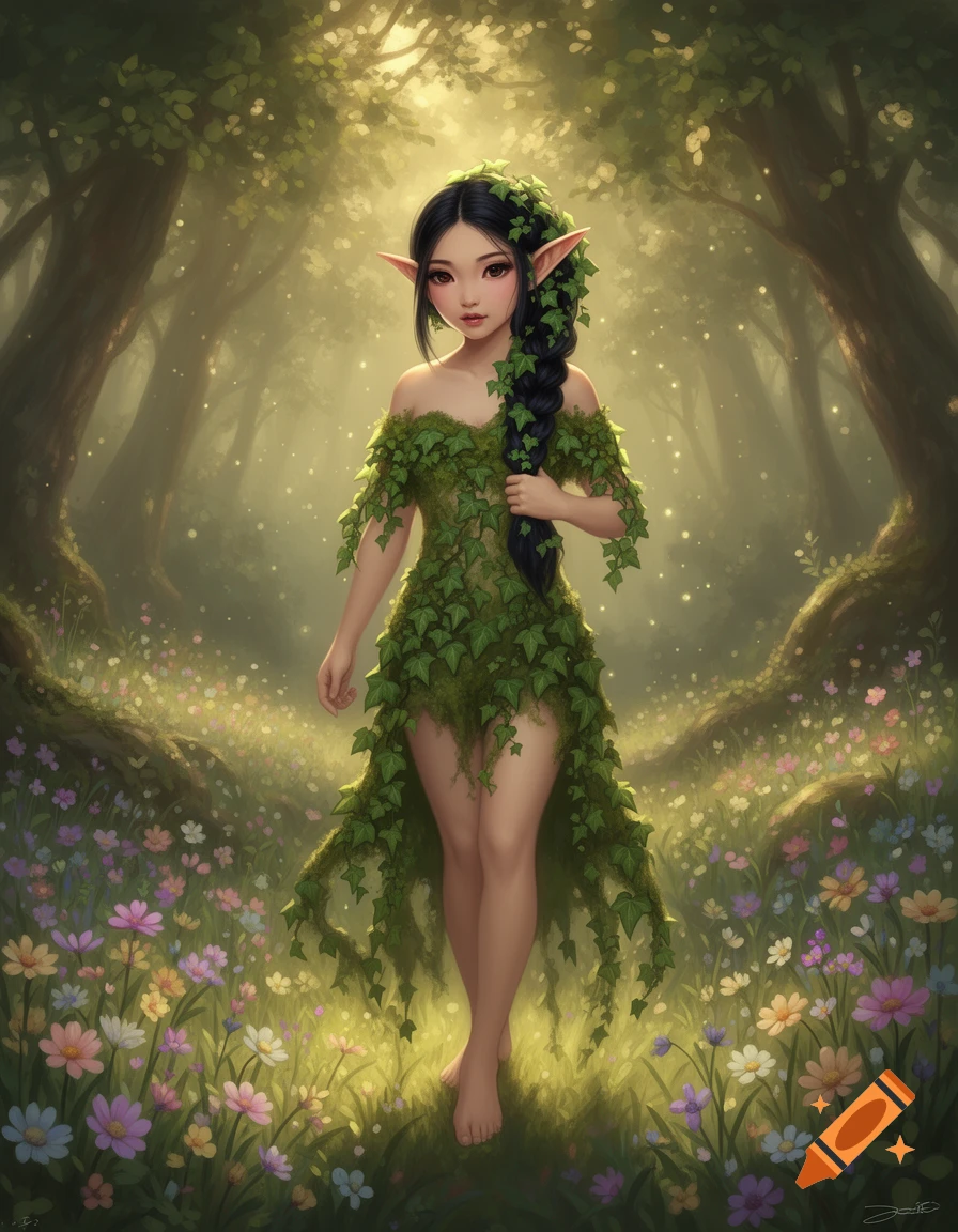 A Filipino earth elf in an off-the-shoulder ivy dress and a long braided hairstyle, standing barefoot in a vibrant, sunlit fantasy forest.