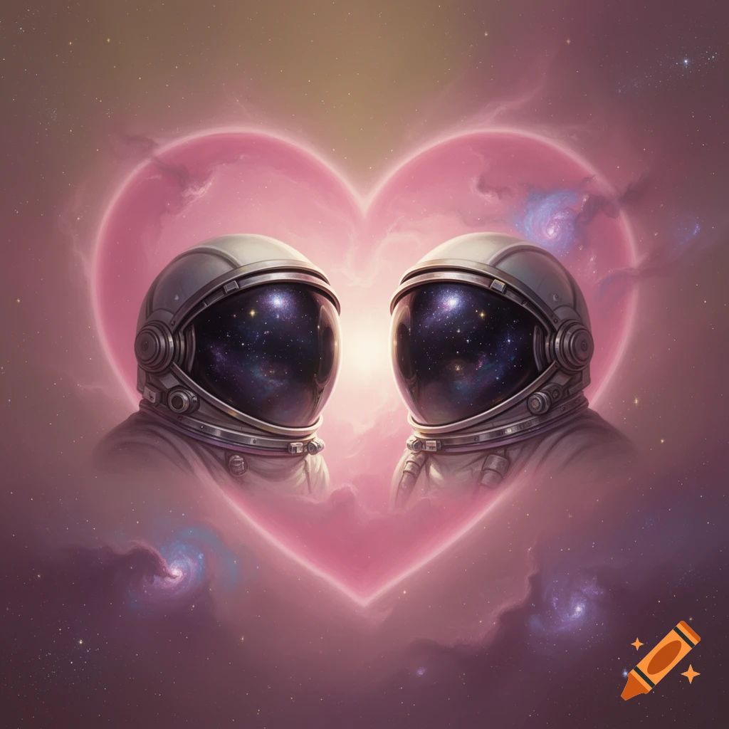 Two detailed astronaut helmets with starry visors face each other inside a glowing pink heart, set against a vibrant space background.