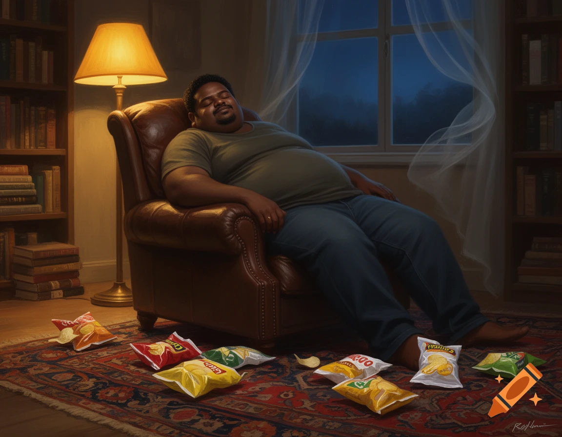 An overweight man sleeps soundly in a leather armchair in a cozy room, surrounded by empty snack bags and scattered chips. A lamp provides warm light.