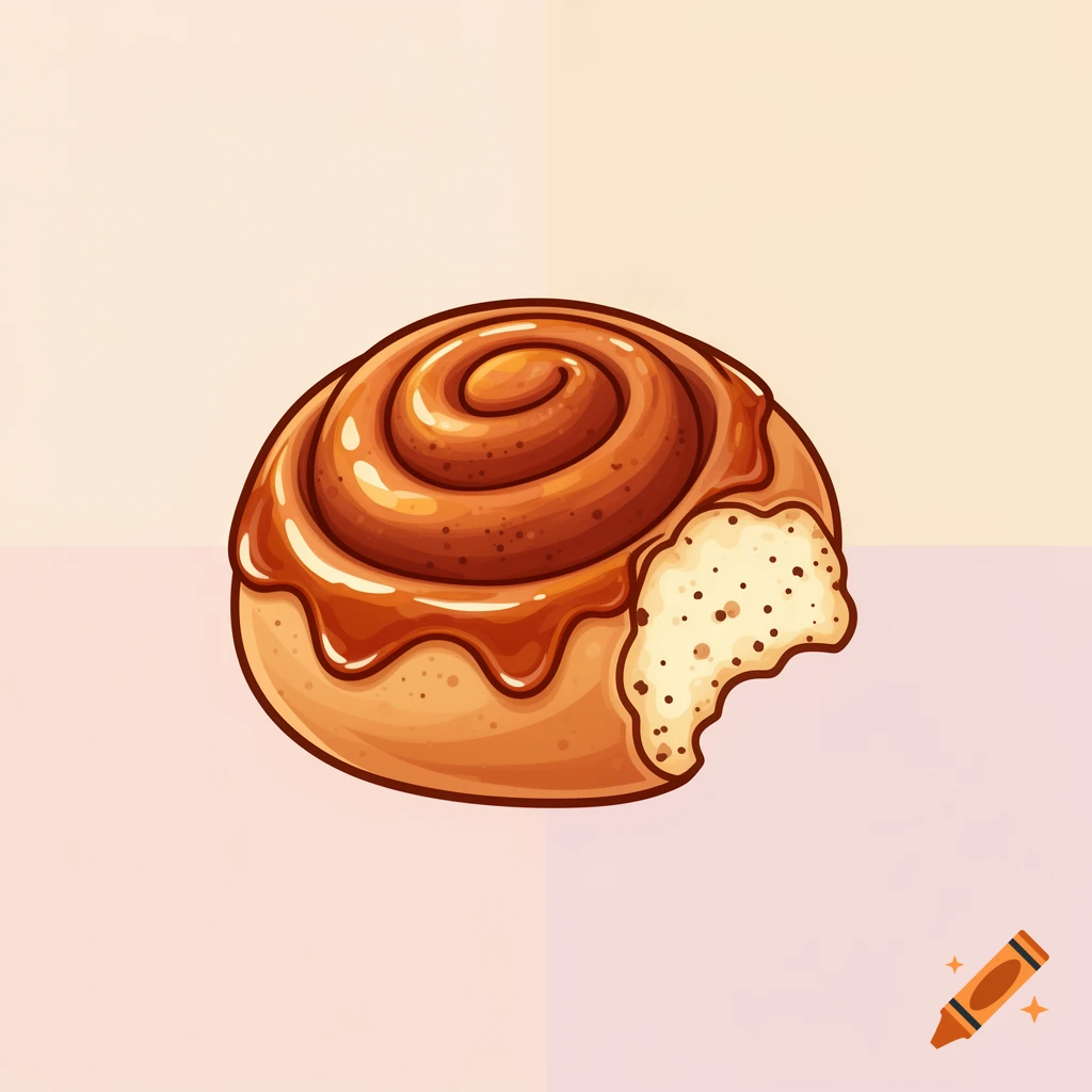 Illustrated cinnamon bun icon with a bite taken out, featuring warm brown icing.