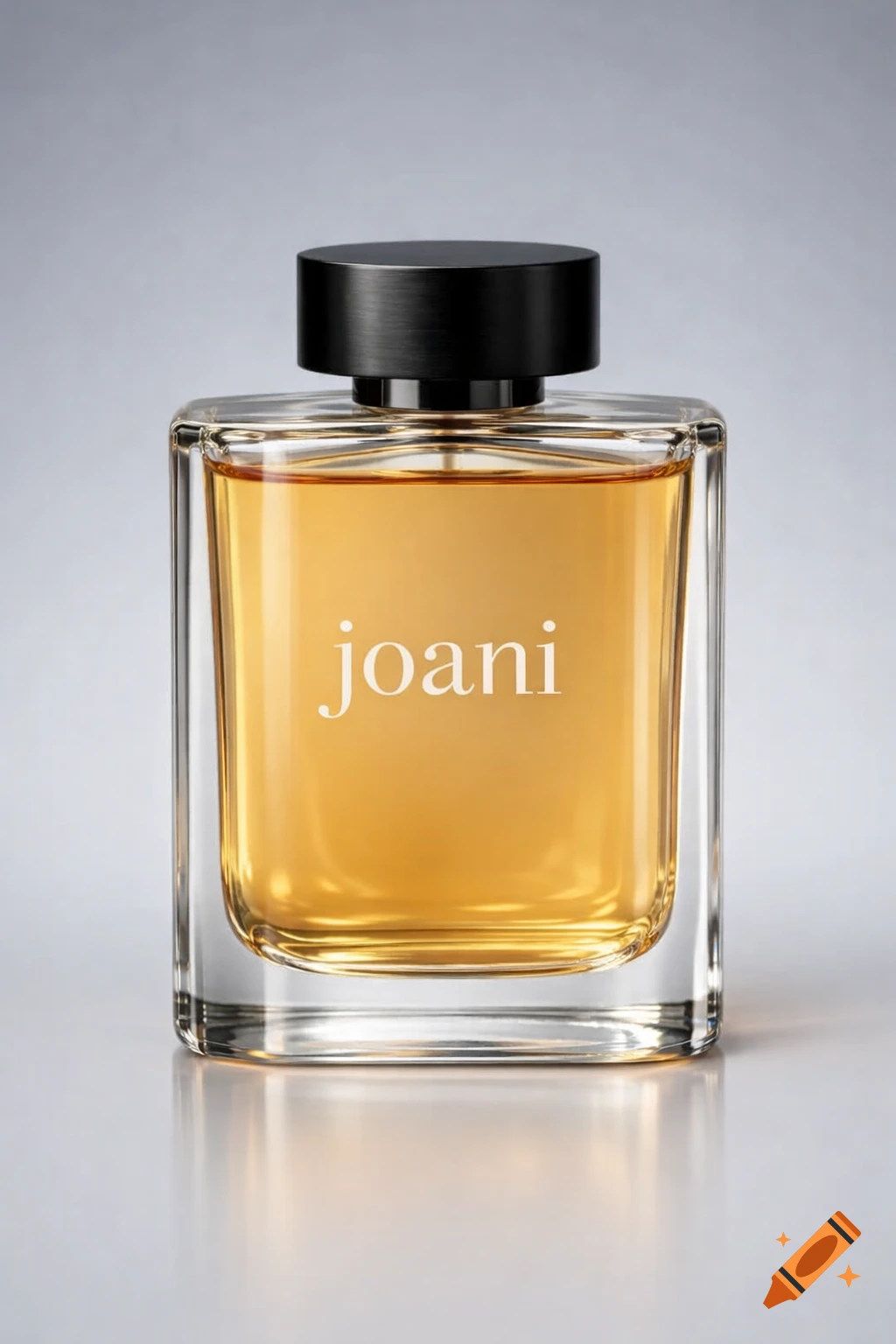 A clear glass rectangular perfume bottle with amber liquid and "joani" written in white, topped with a black cap, on a grey background.
