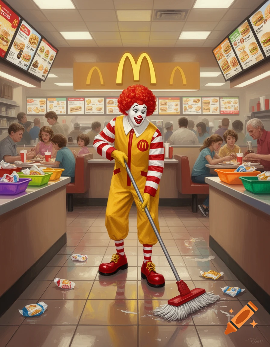Ronald McDonald, dressed in his red and yellow uniform, mops the wet floor of a busy McDonald's restaurant.