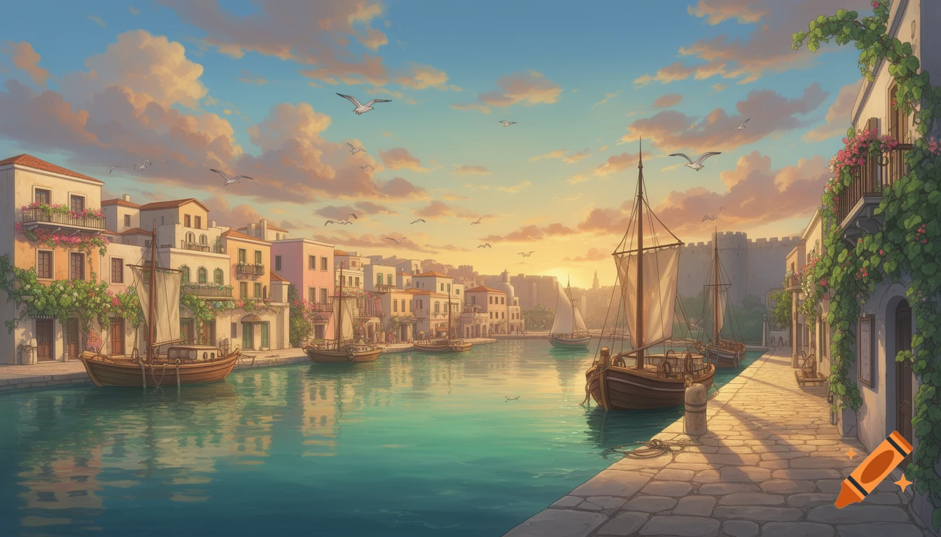 Ghibli-style illustration of a vibrant Venetian harbor with boats, colorful buildings, and seagulls under a sunset sky.