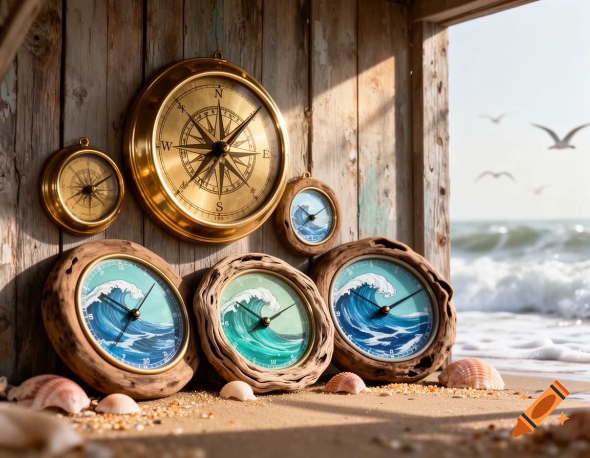 Wave-themed clocks and brass compasses displayed with seashells on a sandy beach, with ocean waves and seagulls in the background.
