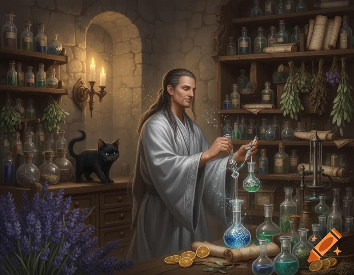 A man in an apothecary pours glowing liquid into a flask, surrounded by shelves of potions and dried herbs. A black cat watches from the counter.