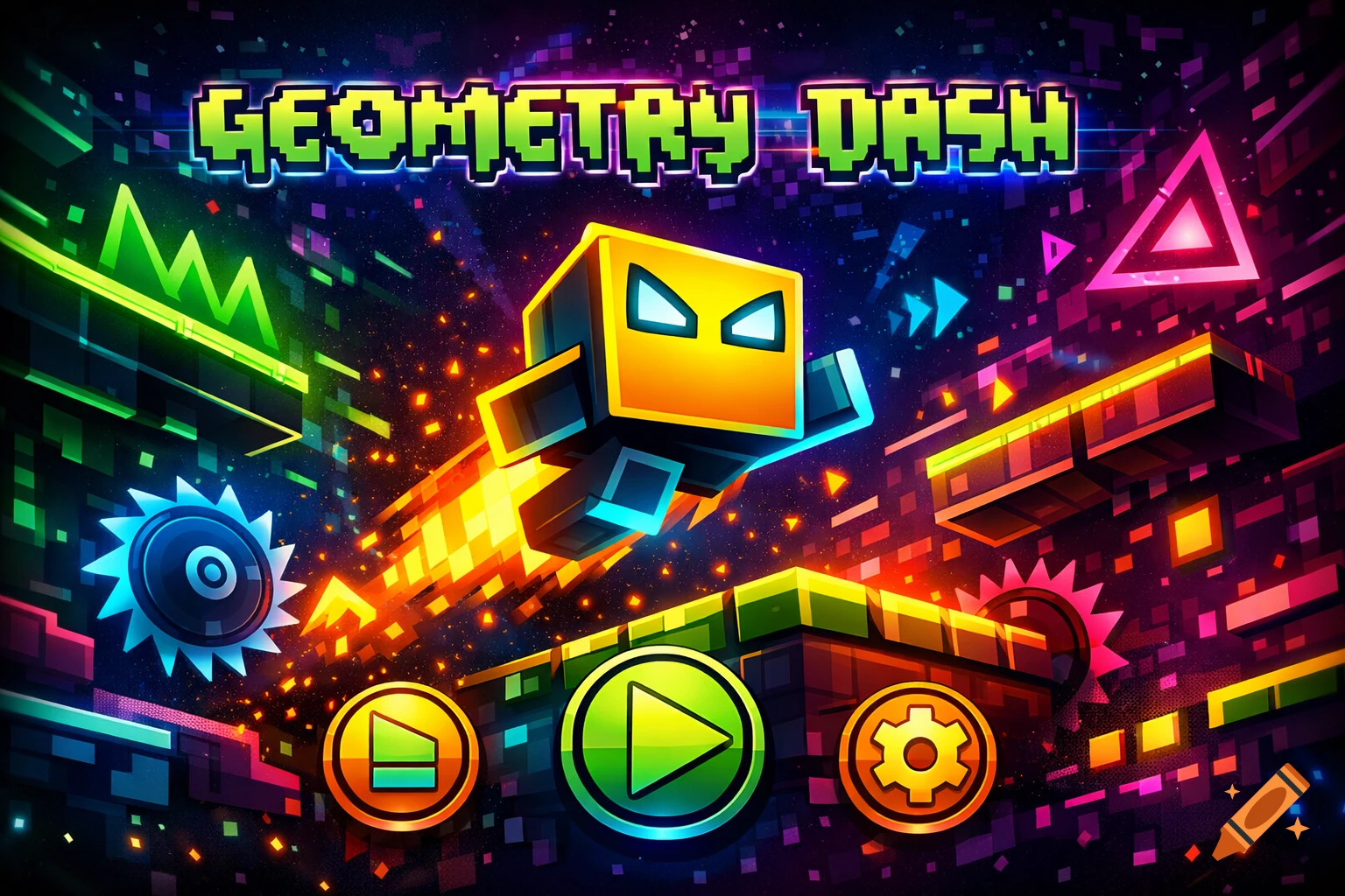 Vibrant pixel art of Geometry Dash, featuring a yellow square character ...