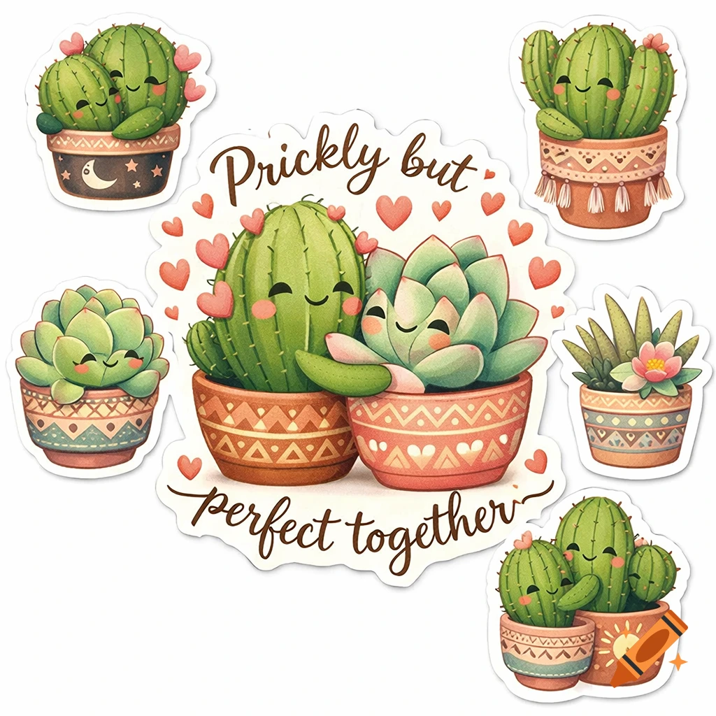 A collection of cute cartoon succulent and cactus stickers, with some in pots hugging and surrounded by hearts. Text reads 'Prickly but perfect together'.