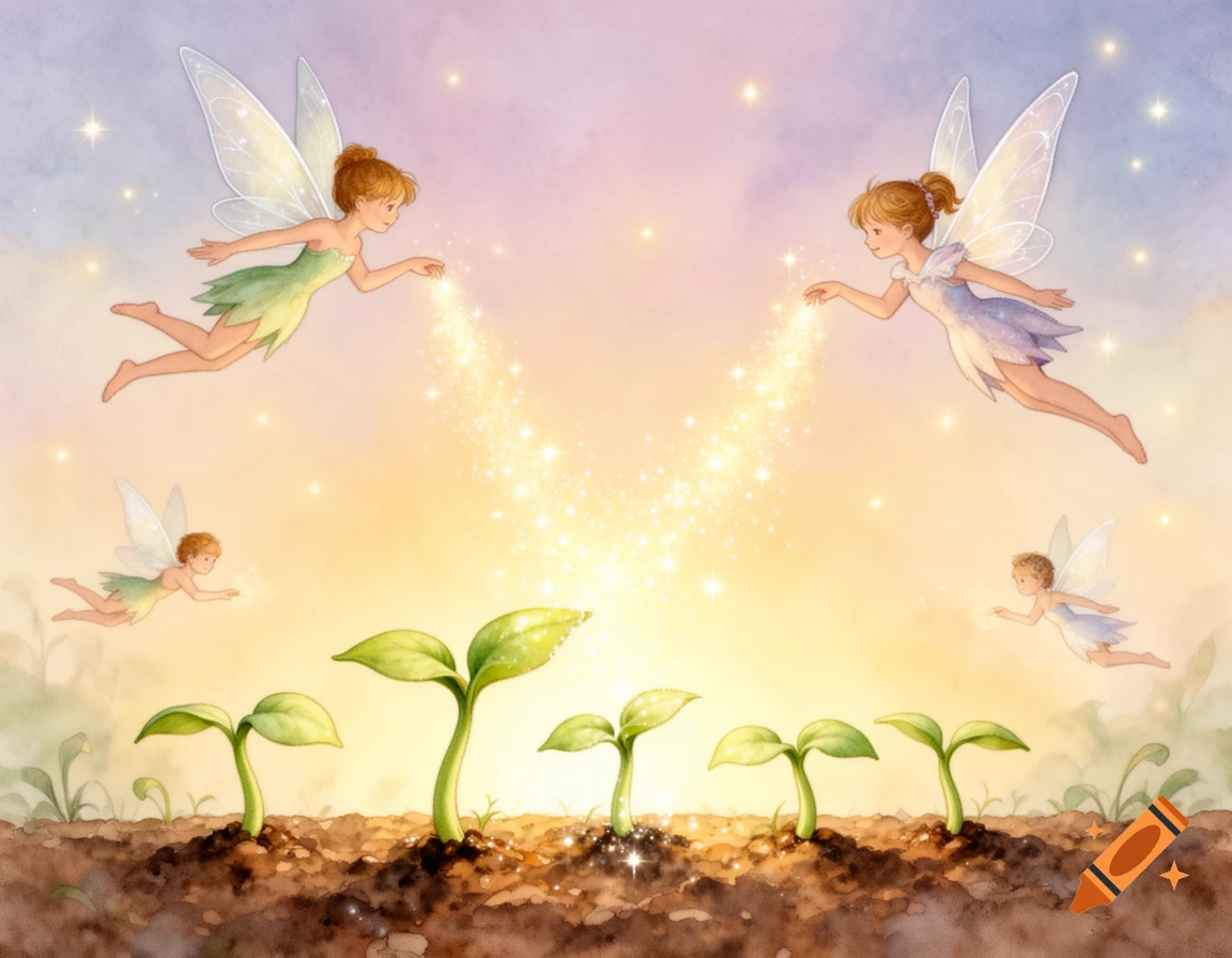 Watercolor illustration of fairies with translucent wings sprinkling sparkling dust on green seedlings in soil, against a soft, glowing sky.