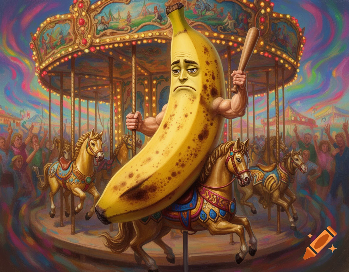 A sad banana with muscular human arms riding a carousel horse, holding a bat, in a vibrant, surreal painting style.