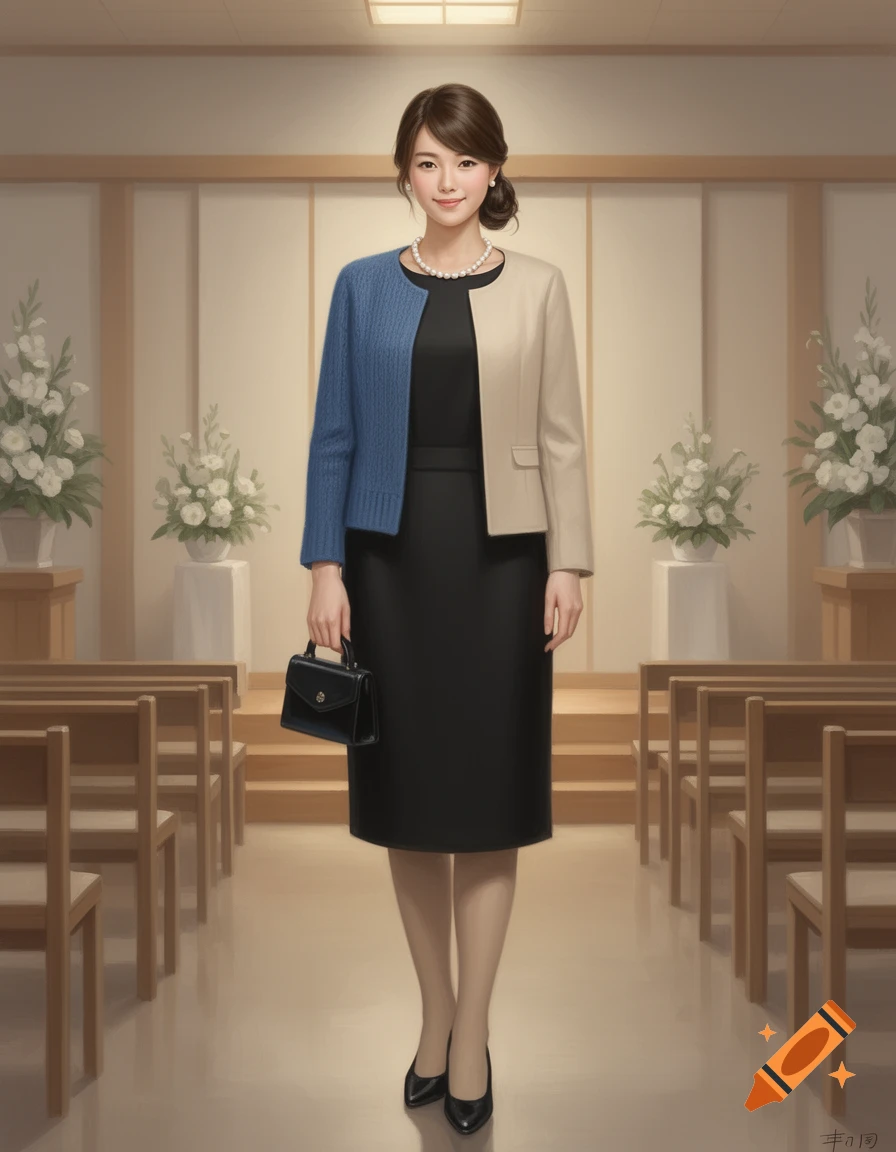 A Japanese woman in a black dress, a half blue and half beige jacket, pearl necklace, and black pumps, holding a handbag in a formal hall.