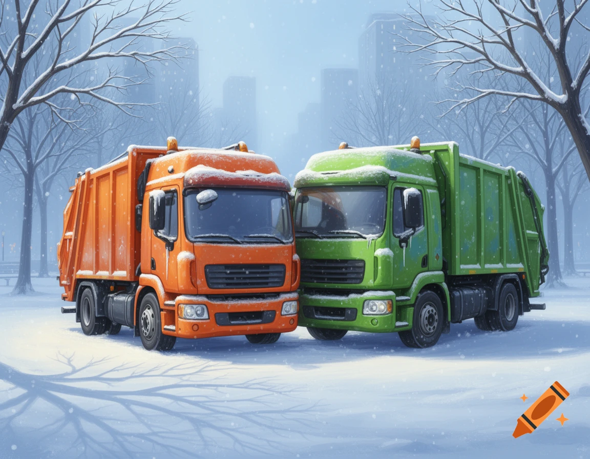 Two snow-covered garbage trucks, one orange and one green, parked closely in a wintry city park with bare trees and distant buildings.
