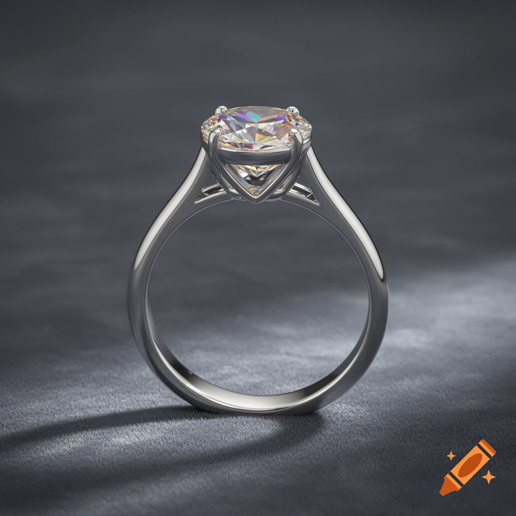Photorealistic silver ring with a sparkling oval-cut diamond, set on a dark, textured surface.