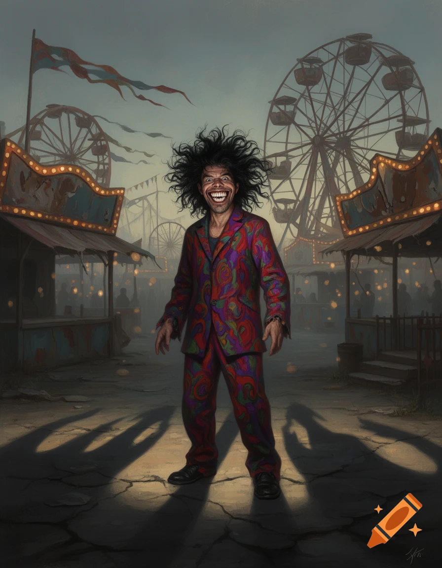 A man with wild hair and a manic grin stands in the spotlight at a desolate, rundown carnival with Ferris wheels in the background, in an illustrative style.