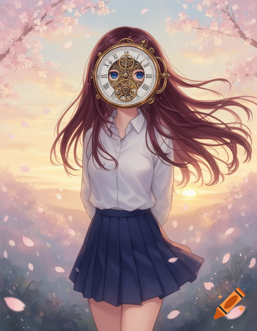 Anime schoolgirl with a detailed clock face, wearing a white shirt and blue skirt, standing among falling cherry blossoms at sunset.