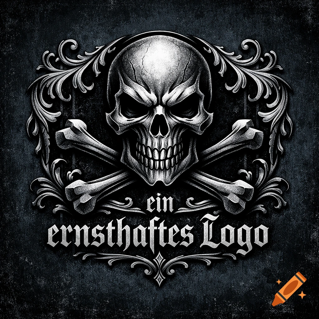 Dark, ornate logo featuring a grim skull and crossed bones with decorative flourishes on a grunge background, text 'ein ernsthaftes Logo'.