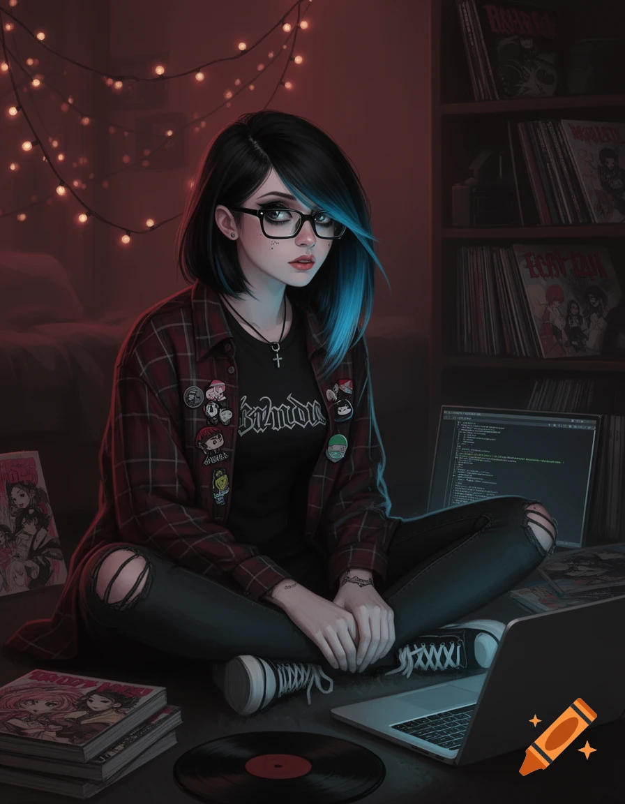 An anime-style woman with black and blue hair, glasses, and a plaid shirt sits on the floor surrounded by laptops, records, and books in a dimly lit room with fairy lights.