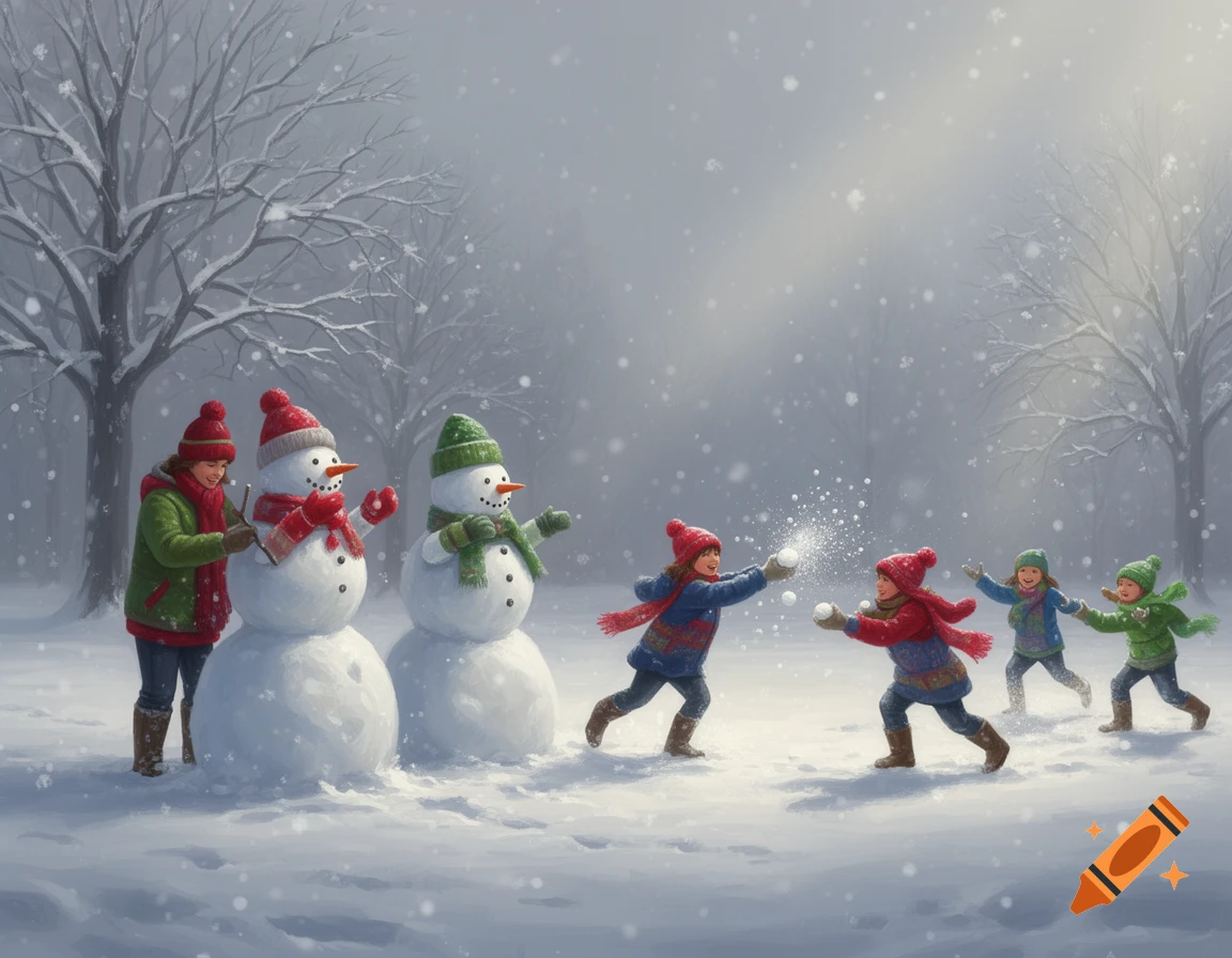 Children building snowmen and having a snowball fight in a snowy winter landscape, illustrated.