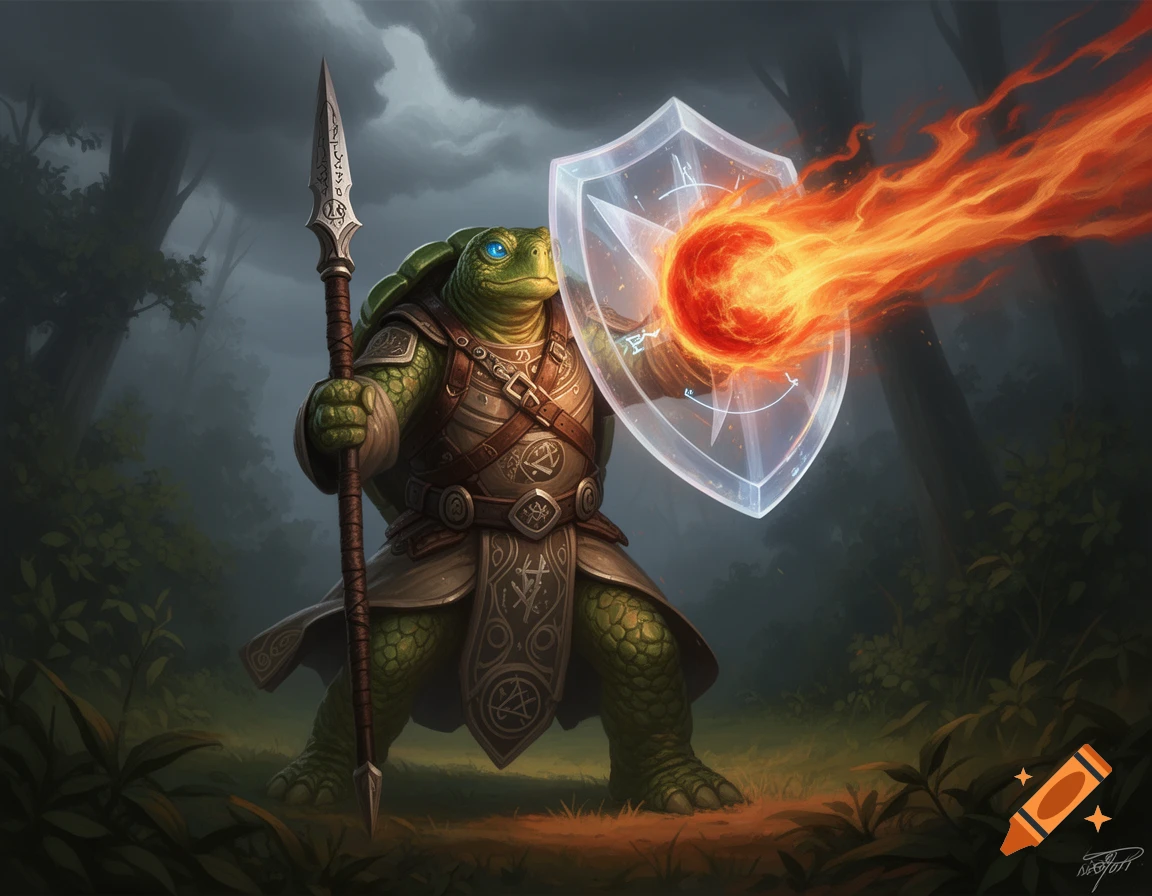 A fantasy tortle wizard in armor holds a spear, deflecting a fiery projectile with a magical shield in a dark forest.