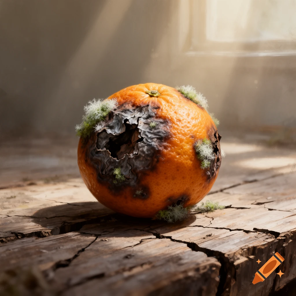 Photorealistic close-up of a rotten orange covered in green and white mold, sitting on a weathered wooden surface.