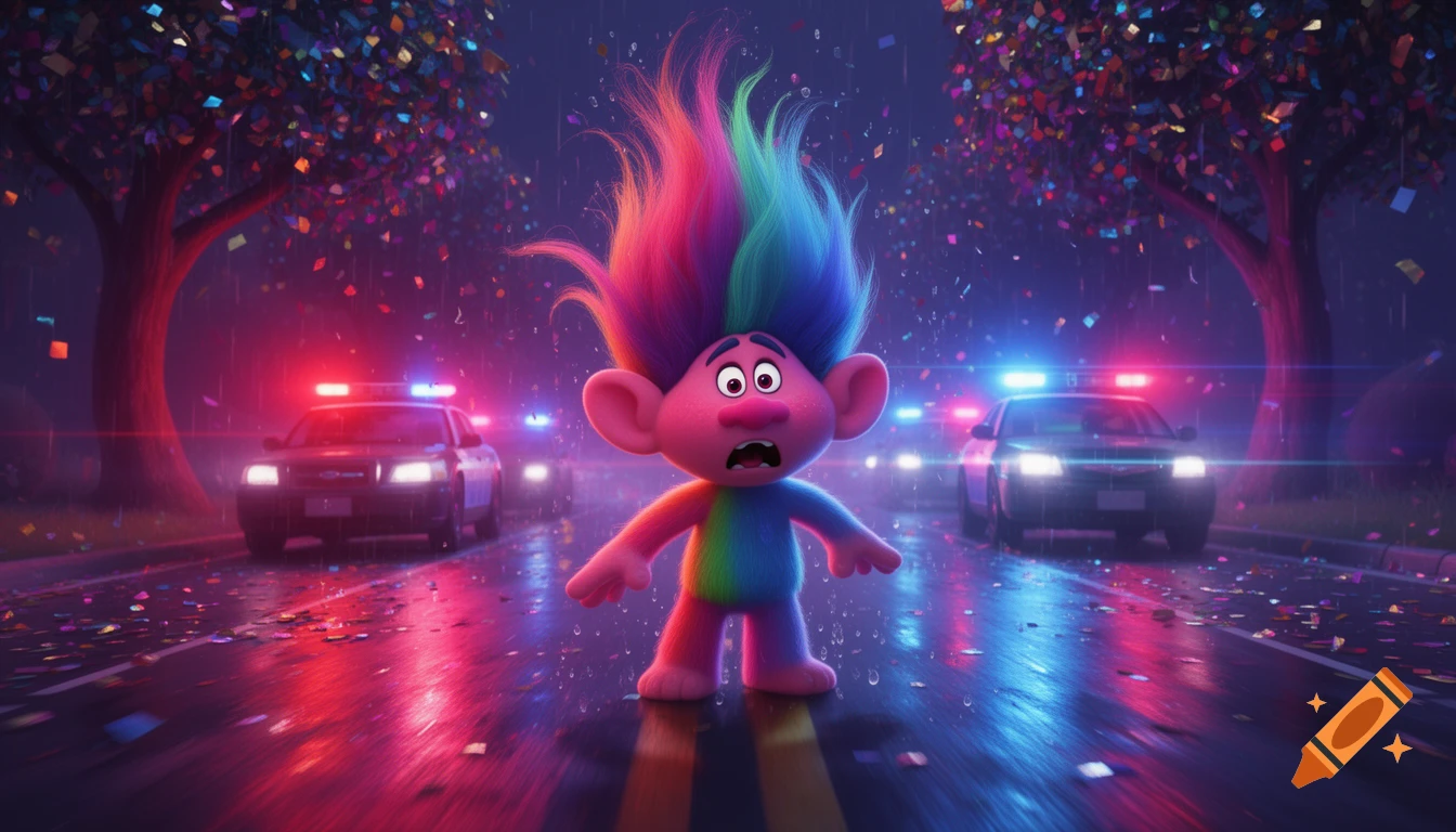 Branch from DreamWorks Trolls looks scared on a wet street at night, illuminated by police cars' flashing red and blue lights and falling confetti.