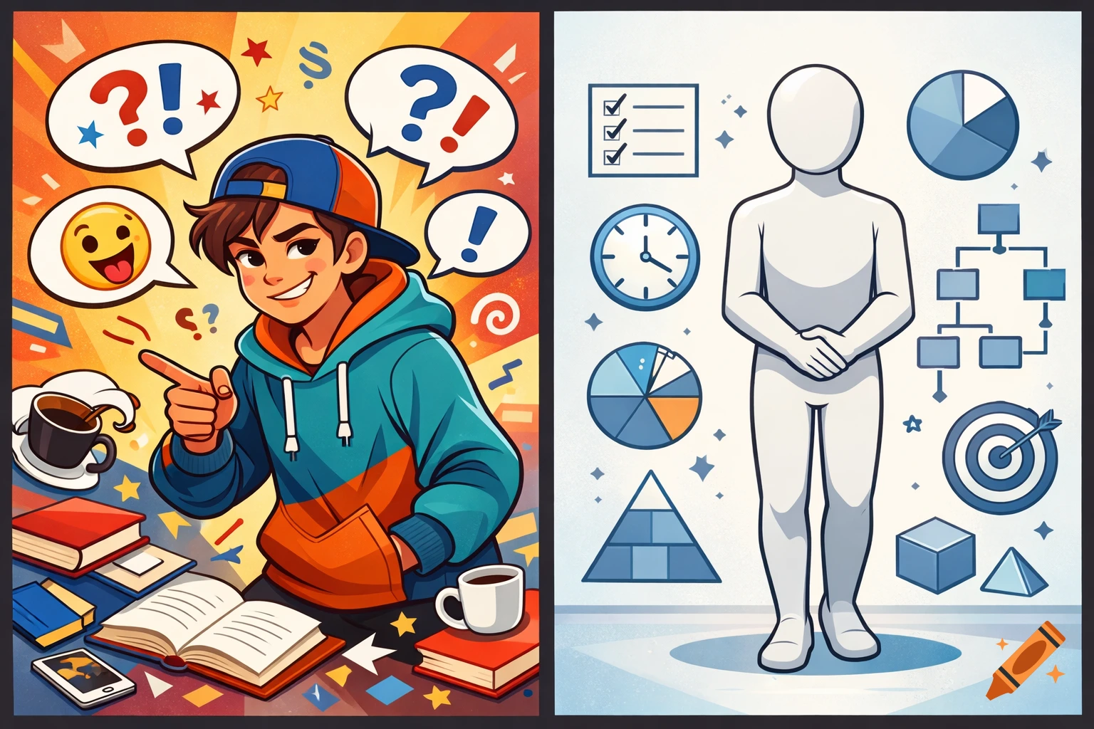 A two-panel cartoon: left, a boy with books, coffee, and speech bubbles; right, a neutral figure with charts and icons.