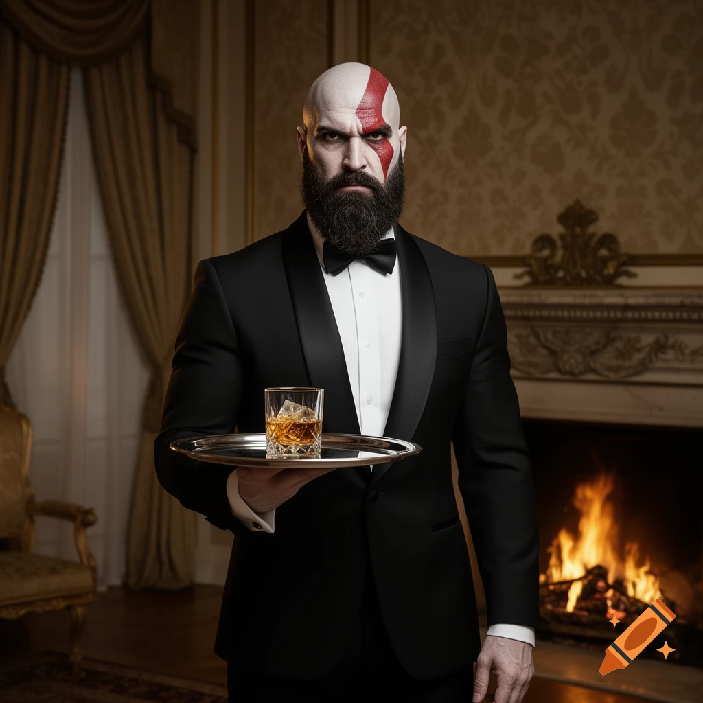 A bald, bearded man with a red facial marking, resembling Kratos, wearing a tuxedo and holding a tray with a glass of whiskey in a lavish room with a fireplace.