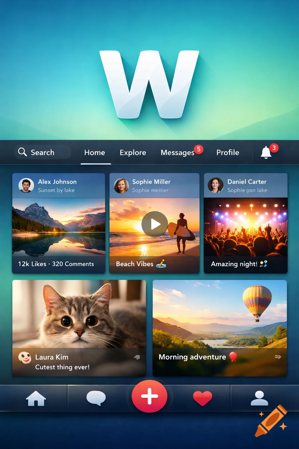 A vibrant mobile app interface with a large white 'W' logo on a blue-green gradient background. The screen displays various social media posts with images like a lake, a surfer at sunset, a concert, a cat, and a hot air balloon, alongside navigation icons and user profiles.