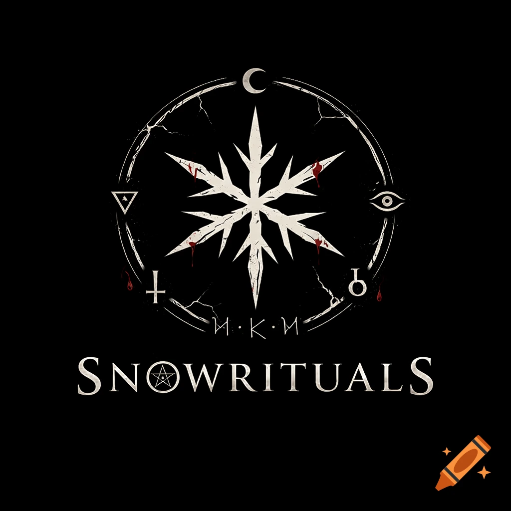 Dark, minimalist logo featuring a stylized, cracked snowflake with blood spatters inside a broken ritual circle, with occult symbols around it, and the text 'SNOWRITUALS' below. The 'O' in Snowrituals is a ritual circle.