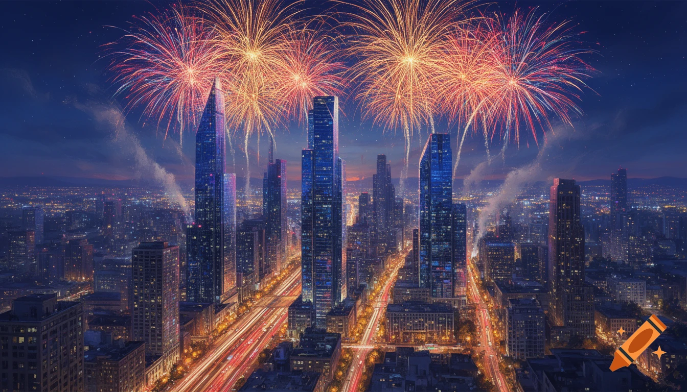 Vibrant cityscape at night with illuminated skyscrapers, exploding fireworks overhead, and long exposure light trails on streets.