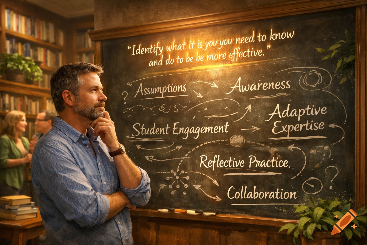 A man in a blue shirt thoughtfully observes a chalkboard filled with educational concepts and text in a dimly lit library.