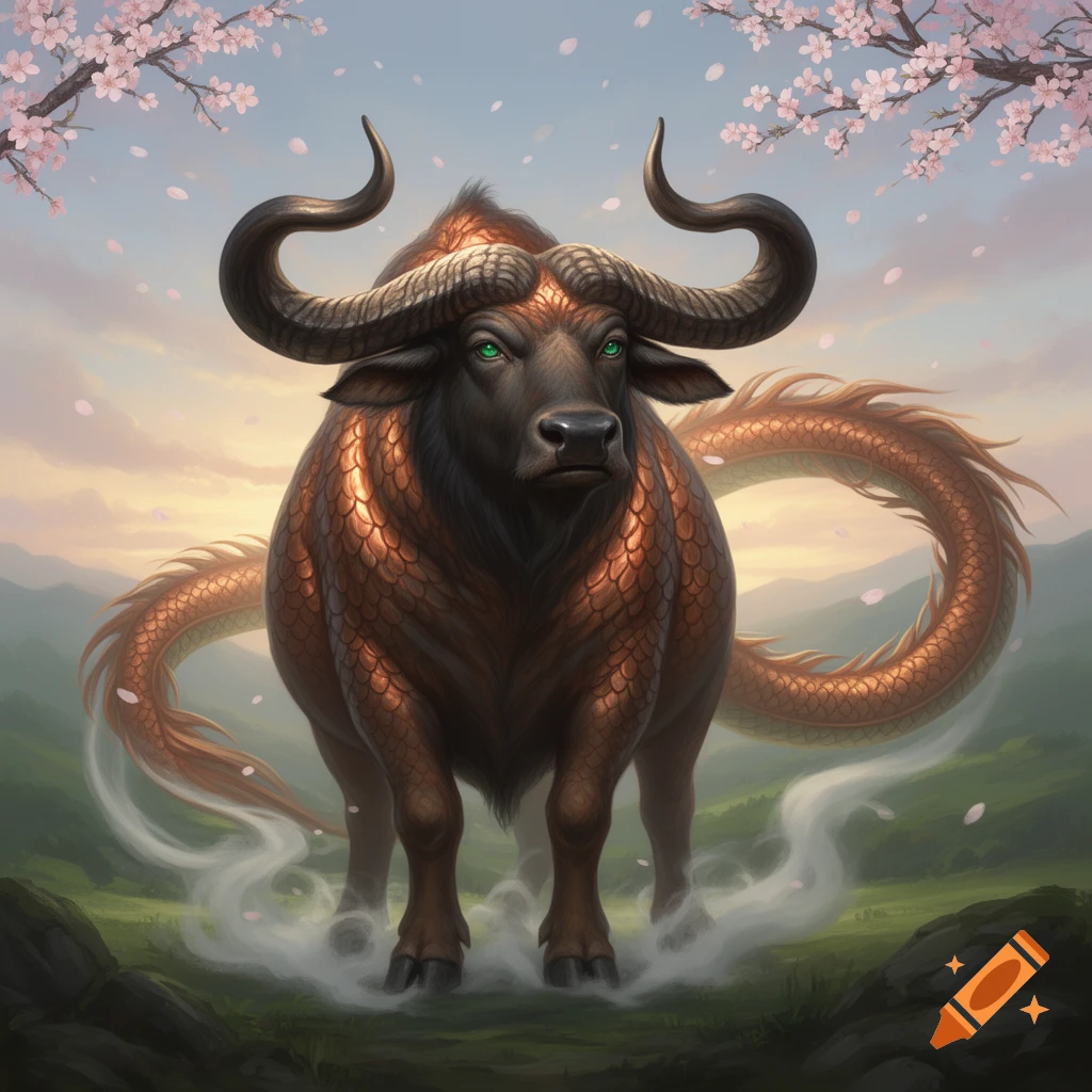 A majestic buffalo-dragon hybrid with glowing green eyes stands in a ...