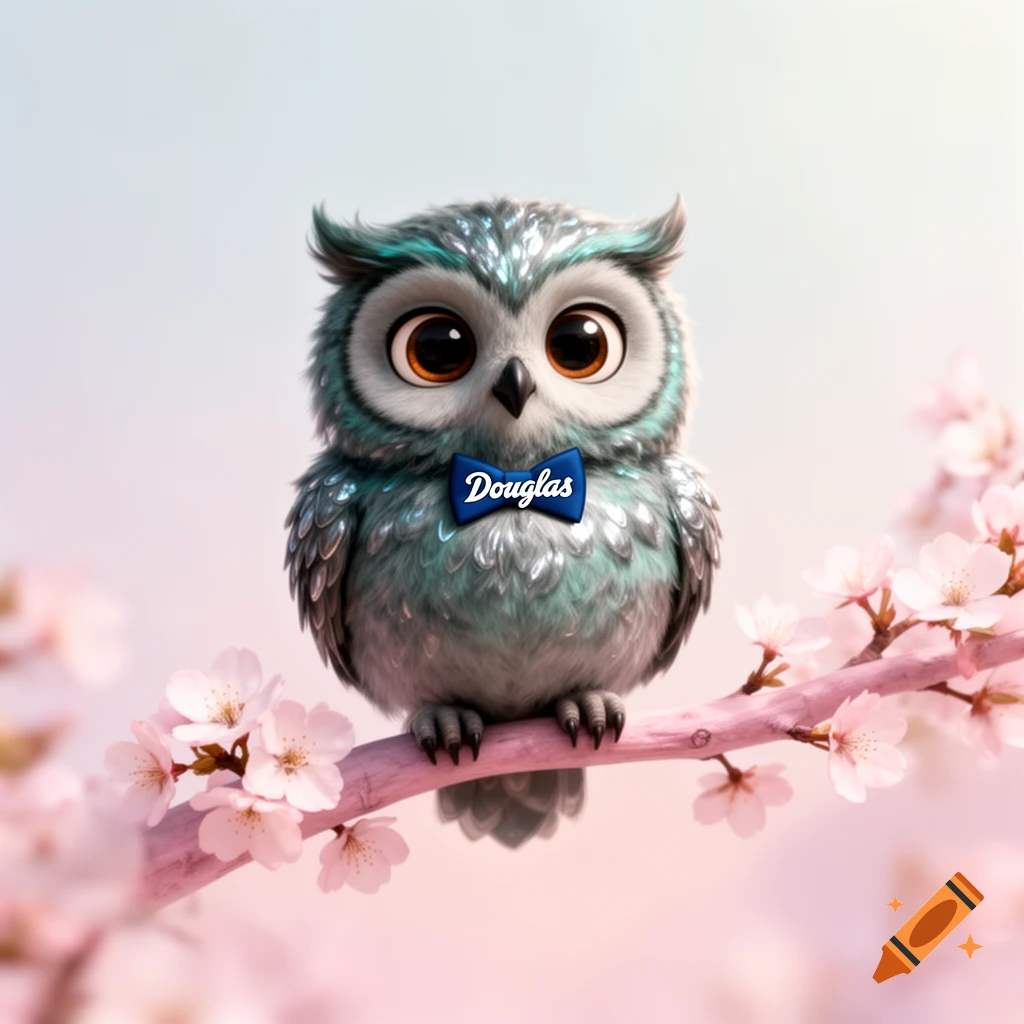 A fluffy, cute, cartoon owl with big brown eyes and a blue bowtie inscribed with 'Douglas' perches on a pink cherry blossom branch.