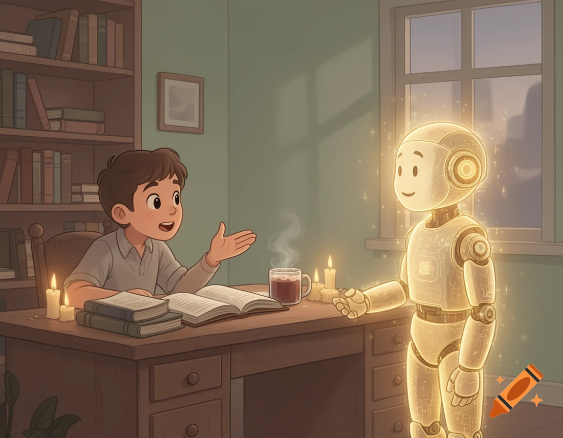 A boy sits at a desk with books and candles, talking to a glowing, friendly robot assistant in a cozy cartoon study.