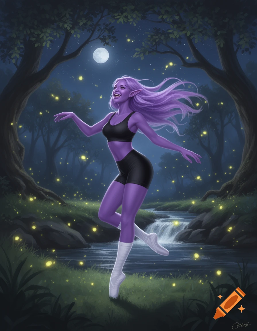 A joyful purple-skinned elf woman with long purple hair dances in a moonlit forest with a stream and fireflies.