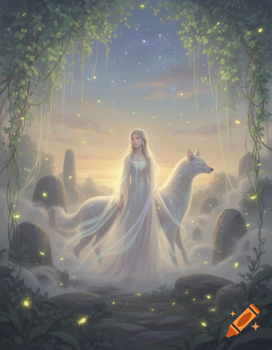 A fantasy illustration of a woman in a glowing white dress standing next to a shimmering white wolf in a mystical forest at twilight.