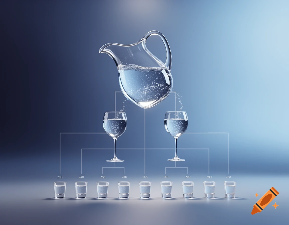 A glass pitcher pours water into two wine glasses, which then feed into a row of eight shot glasses with numbers below them, forming a diagram on a blue background.