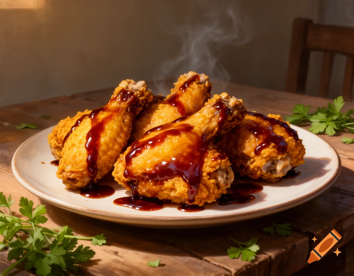 Photorealistic image of steaming golden fried chicken pieces drizzled with BBQ sauce on a white plate on a wooden table.