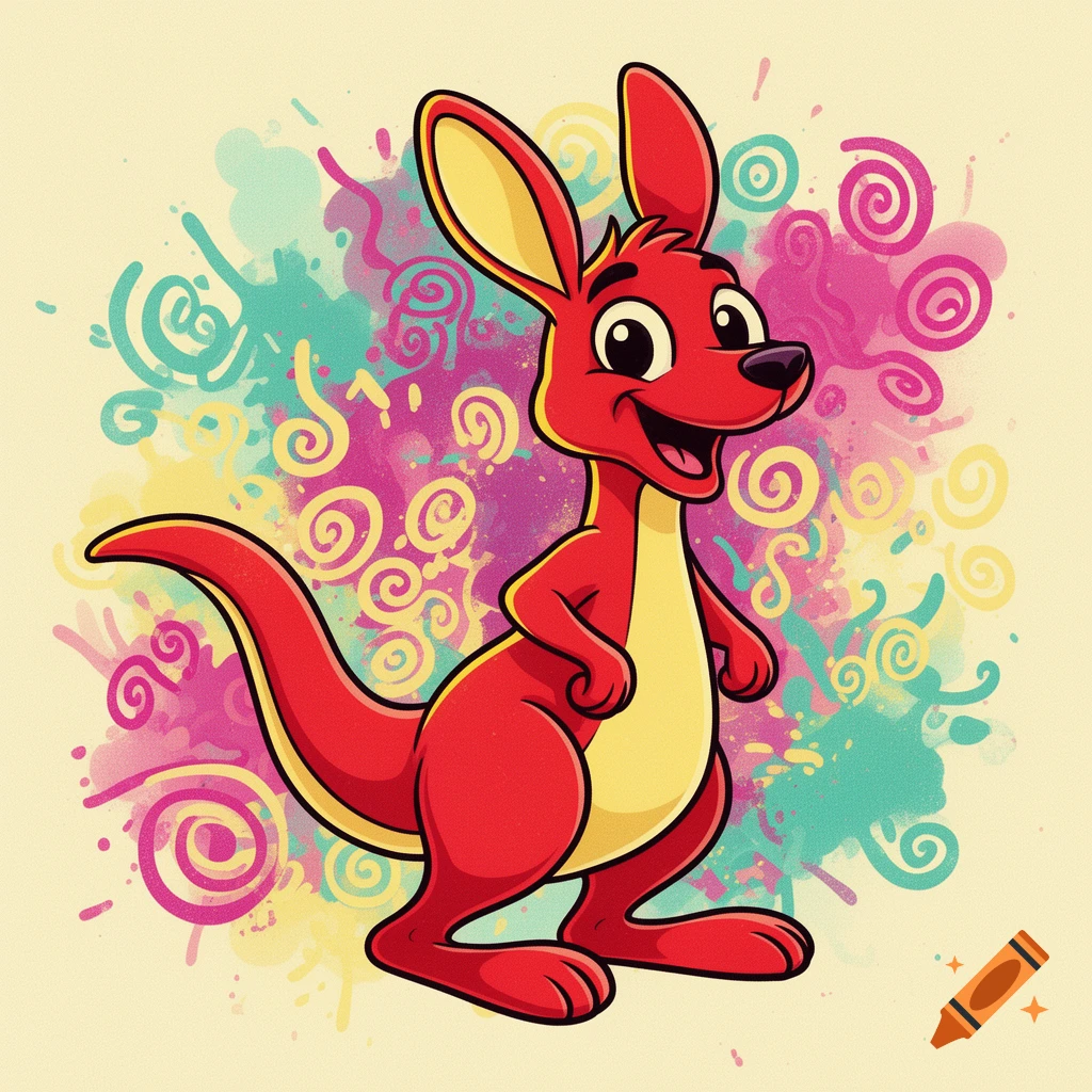 A happy red cartoon kangaroo with a yellow belly stands against a vibrant background of colorful splatters and swirls.