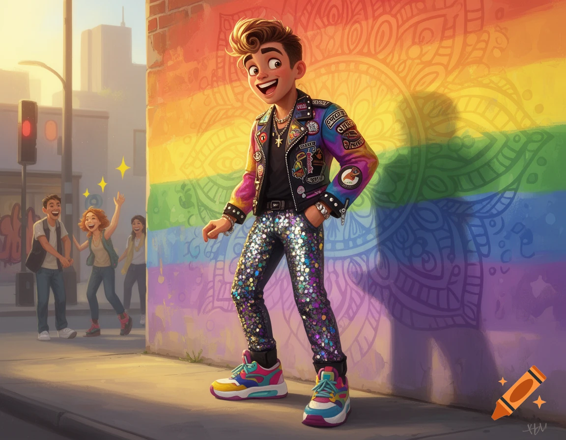 A smiling person in a colorful jacket and sparkling pants stands by a rainbow-painted wall in a vibrant urban street scene, with friends in the background.