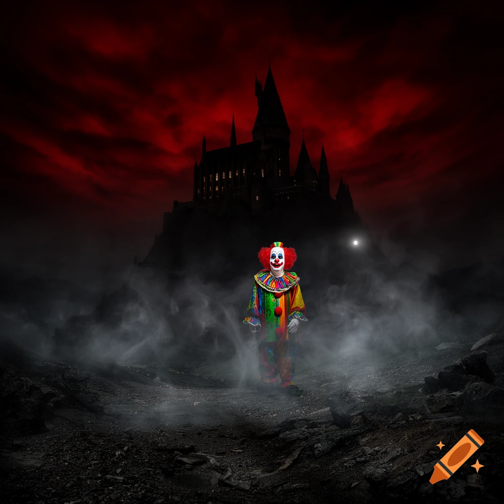 A colorful clown stands in a foggy landscape before a dark castle under a blood-red sky.