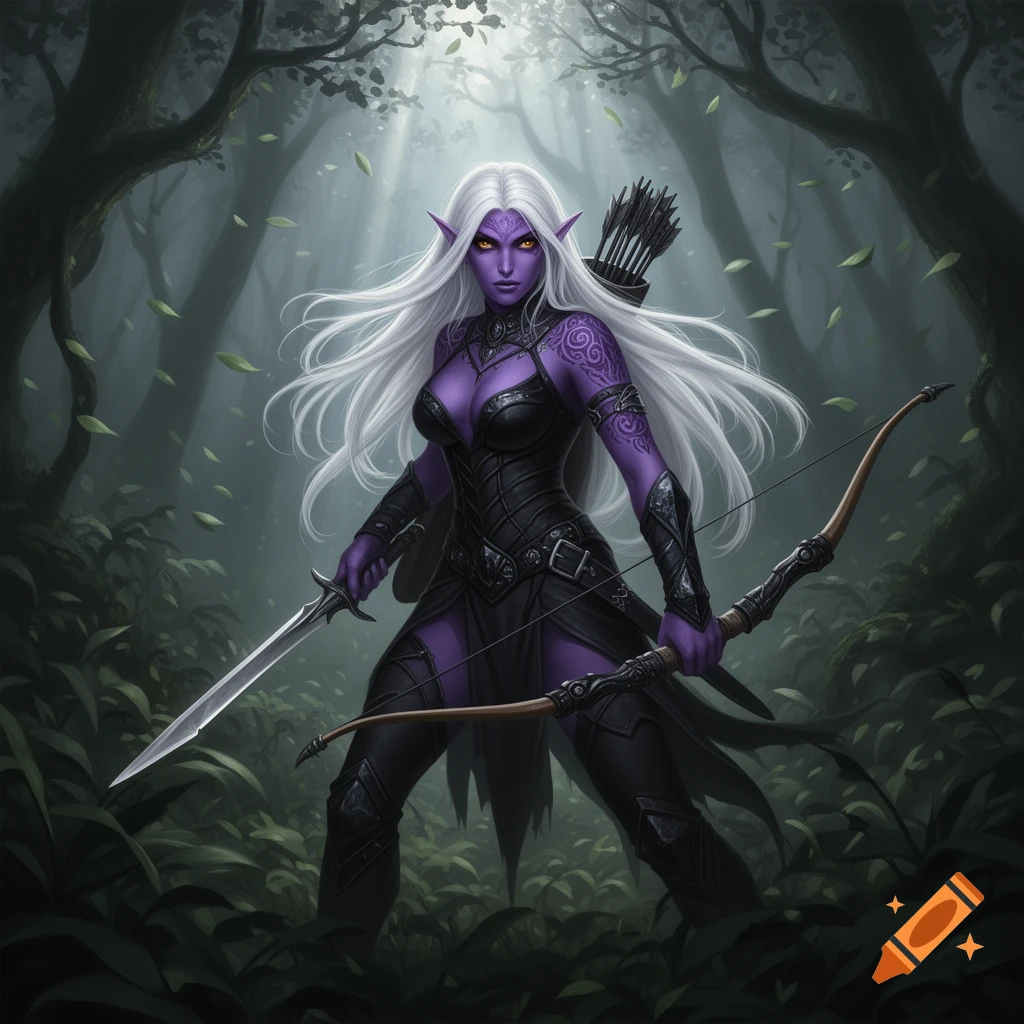 A fierce drow elf ranger with white hair, purple skin, holding a sword and bow in a dark fantasy forest.