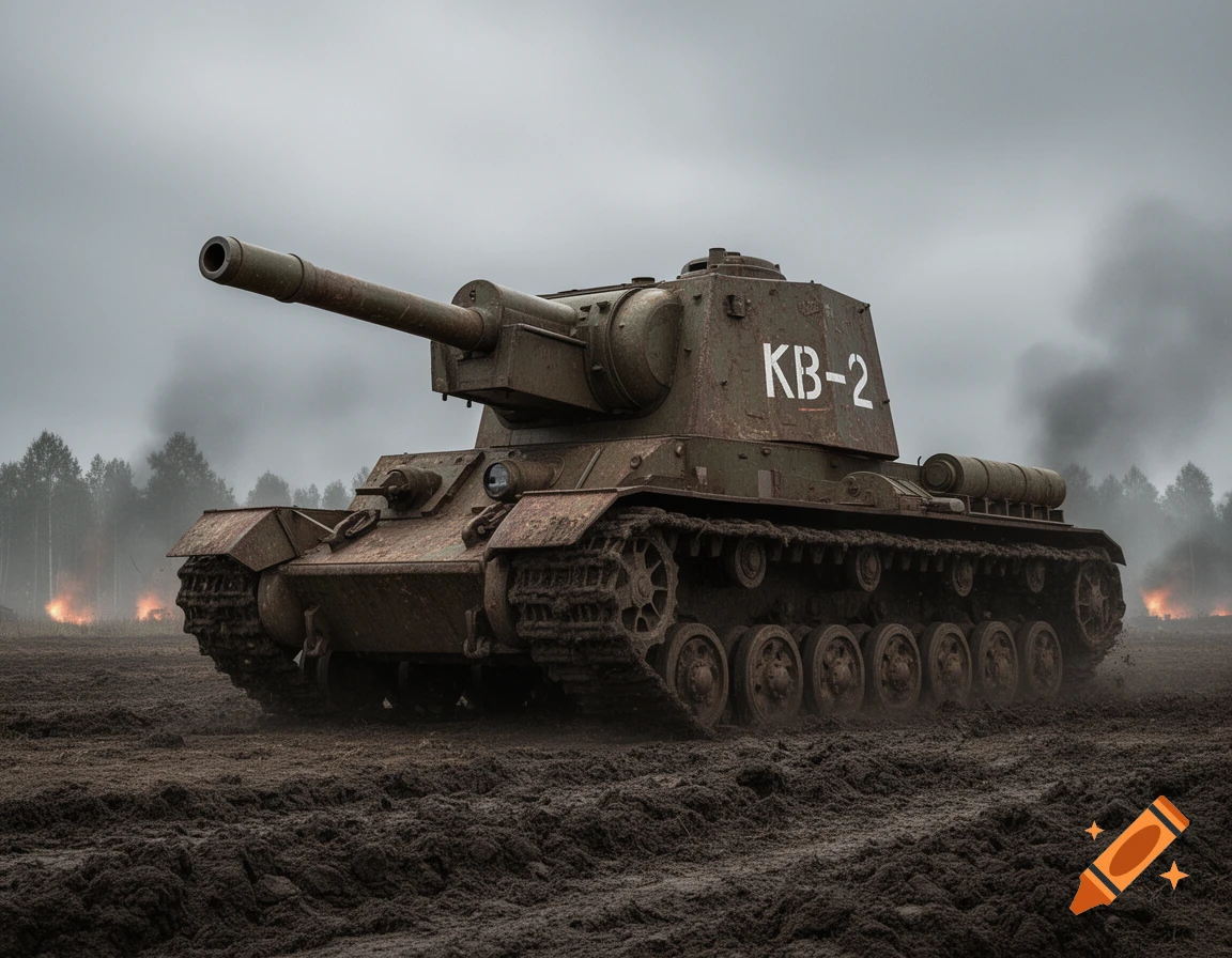A weathered KV-2 tank with a long barrel sits in deep mud against a smoky, war-torn background with distant fires.