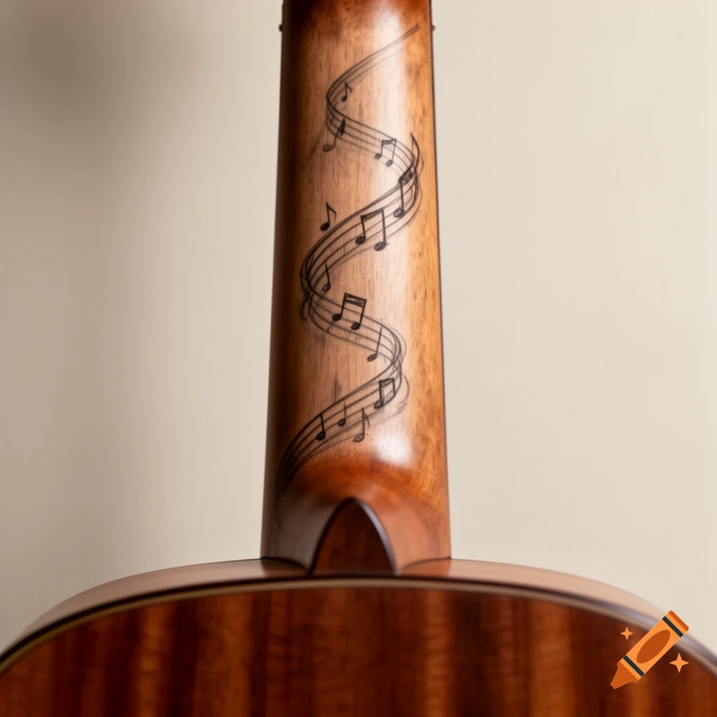 Close-up of an acoustic guitar's wooden neck and body, featuring a swirling engraved musical staff with notes.