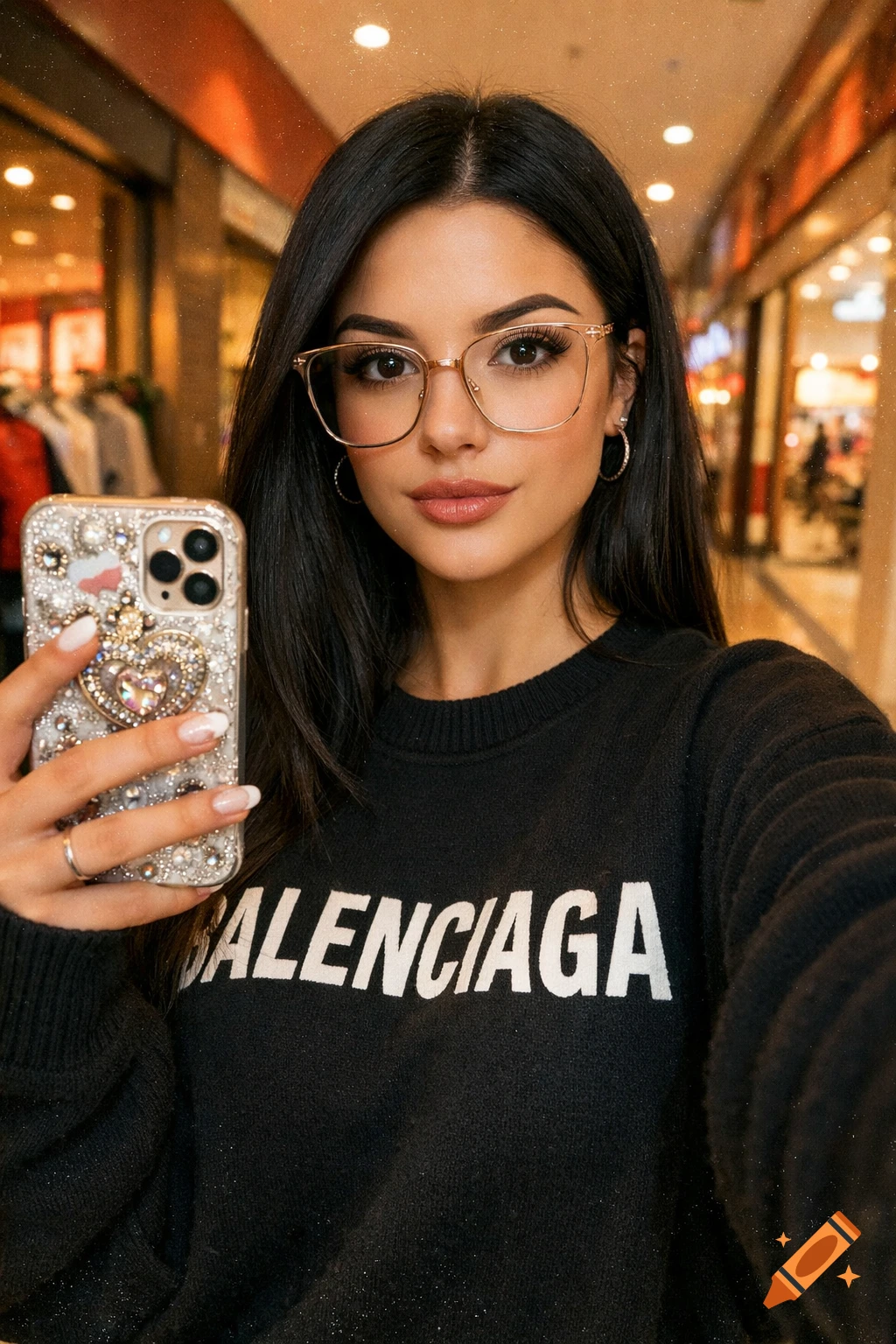 A young woman in a black sweater and glasses takes a selfie in a mall corridor, holding a bedazzled phone.