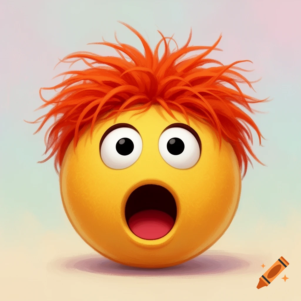 A shocked yellow emoji face with big white eyes, an open mouth, and bright orange messy hair.