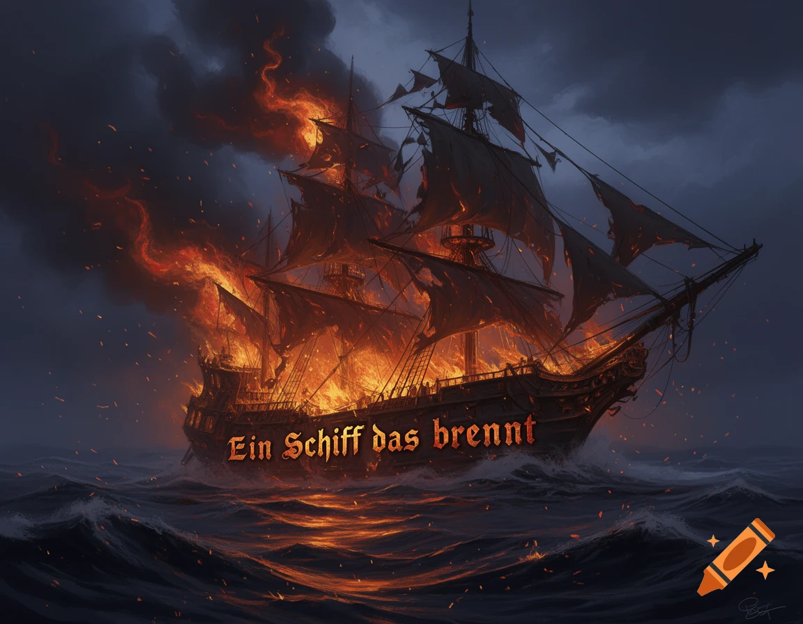 A dark, stormy sea with a large sailing ship engulfed in bright, dramatic flames and smoke, with the German text 'Ein Schiff das brennt' on its hull.