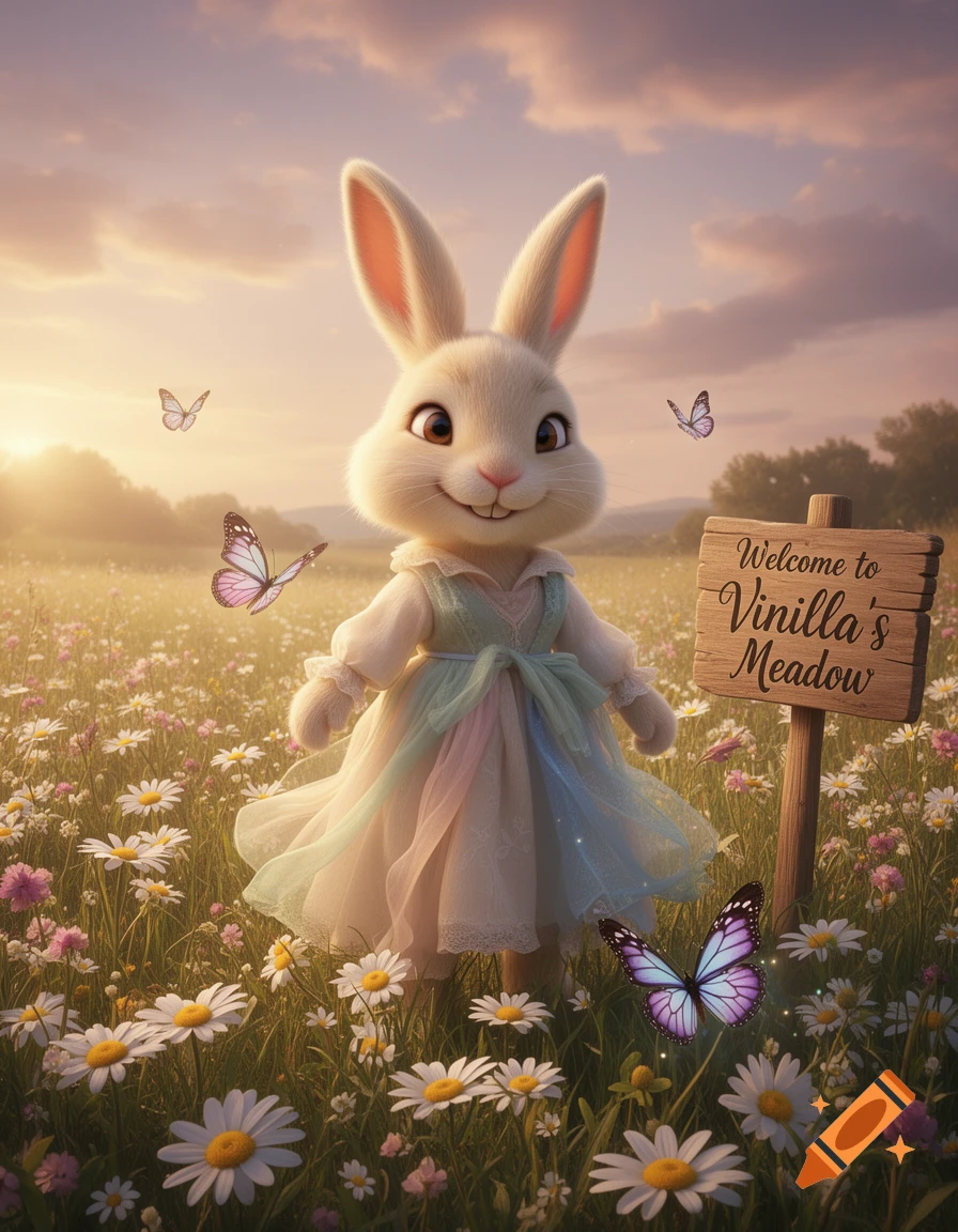 A cute, fluffy white rabbit in a dress stands in a vibrant meadow with ...